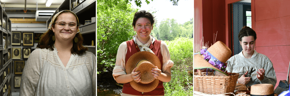 Three portraits of young adults. One is standing next to shelves of ceramic artifacts. The other two are dressed in 1830s style clothing