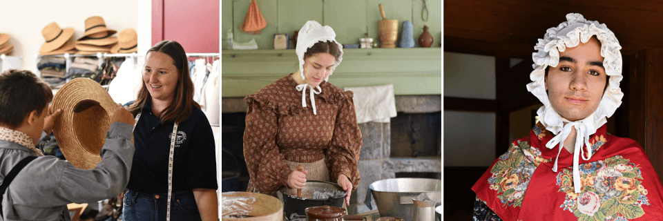 Candid photos of young adults working in the costume office, cooking in the Fitch House, and dressed in costume. 